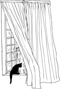Outline sketch of drapes blowing in wind in front of open casement window and black cat looking at downtown Stockholm in background